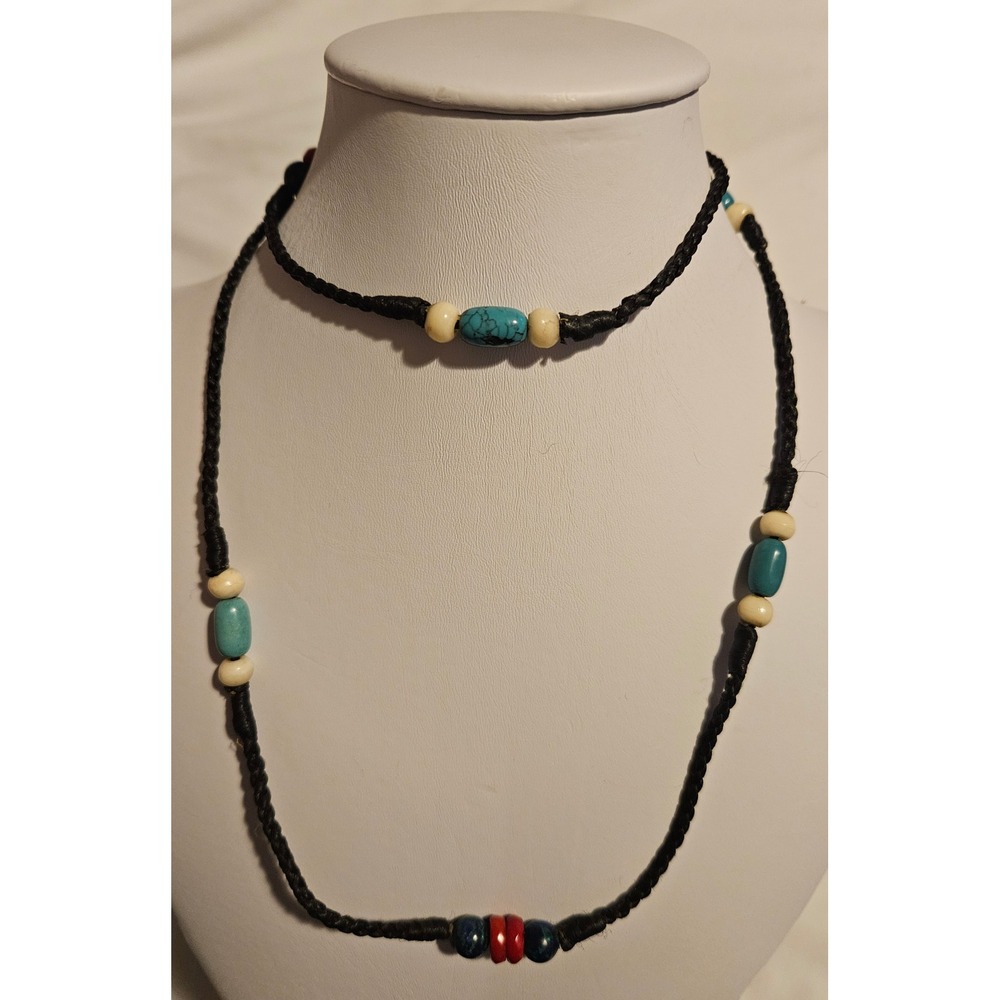 Vintage Handmade Braided Cord Necklace Turquoise Bone Beads Leather Pouch Native